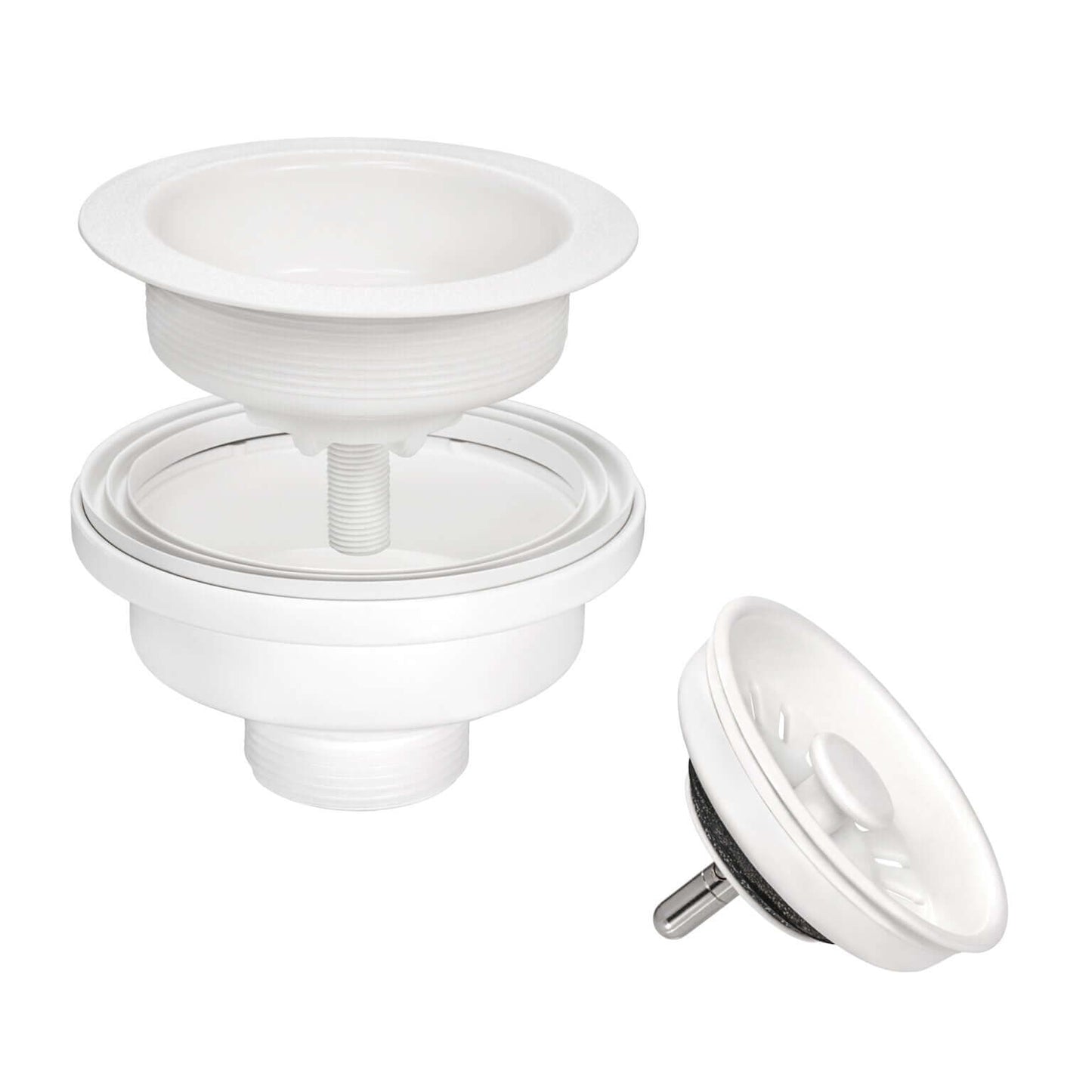 Ruvati kitchen sink drain assembly in white, featuring a removable strainer and stopper for easy cleaning.