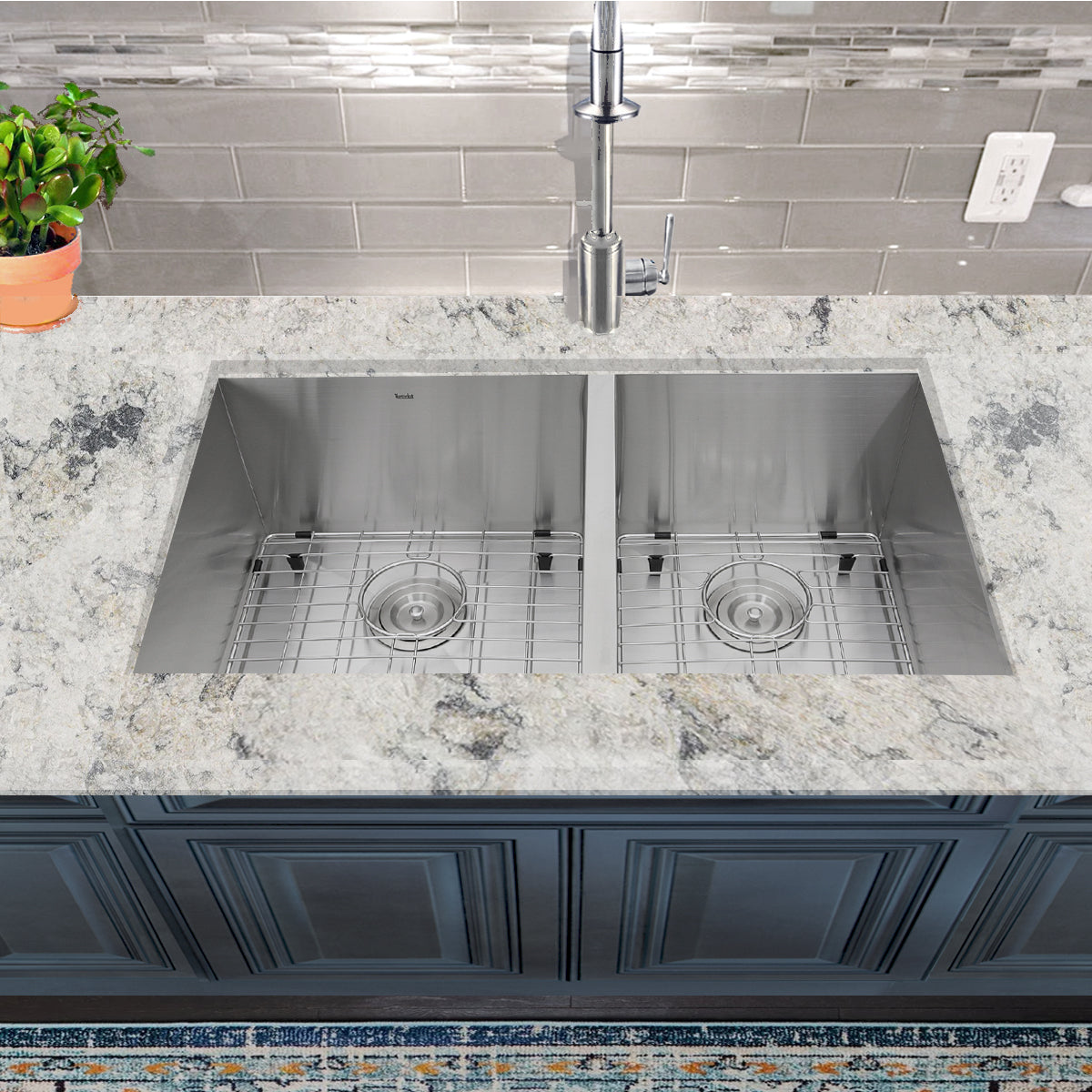 Nantucket ZR3219-OS-16 32-inch Pro Series 55/45 double bowl stainless steel kitchen sink, installed