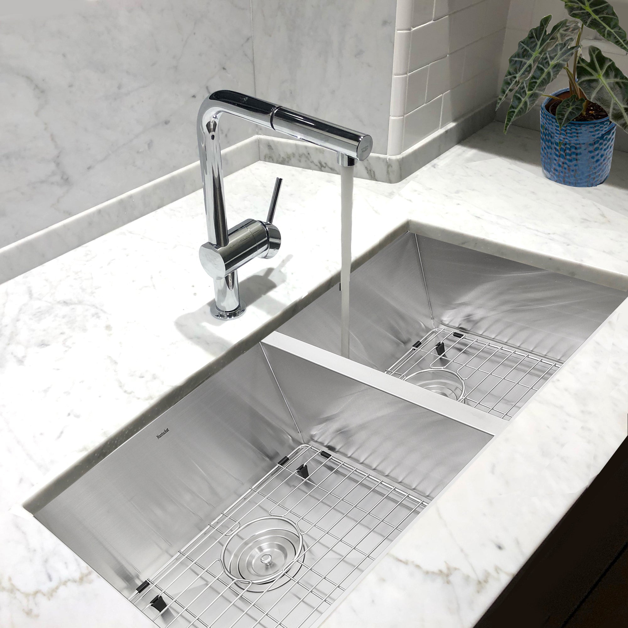 Nantucket ZR3219-OS-16 32-inch Pro Series 55/45 double bowl stainless steel kitchen sink, installed
