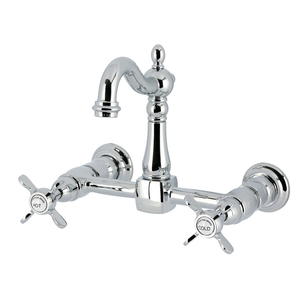 Kingston KS2443BEX Essex Two-Handle Wall Mount Bridge Kitchen Faucet, Antique Brass in polished chrome finish