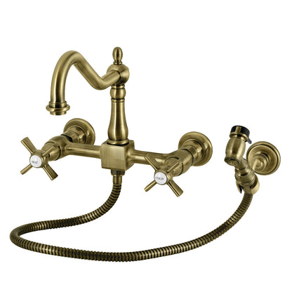 Kingston KS1243ZXBS Millennium Two-Handle Wall Mount Bridge Kitchen Faucet with Brass Sprayer, Antique Brass