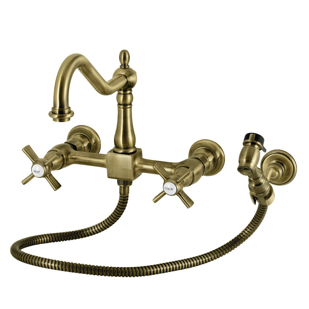 Kingston KS1243ZXBS Millennium Two-Handle Wall Mount Bridge Kitchen Faucet with Brass Sprayer, Antique Brass