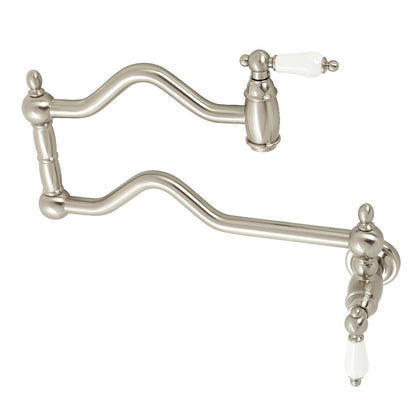 Kingston Brass KS2107PL Heritage Wall Mount Pot Filler Faucet, Brushed Brass with foldable swing arms in brushed nickel finish.