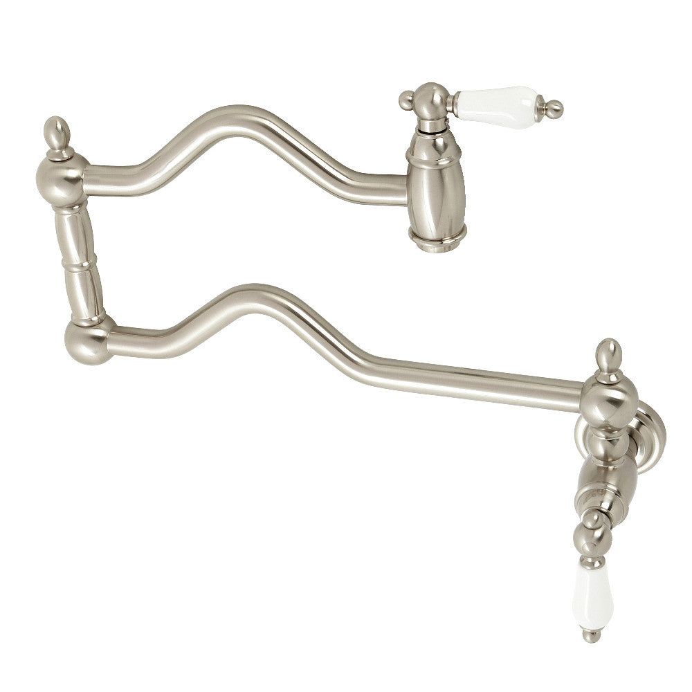 Kingston Brass KS2107PL Heritage Wall Mount Pot Filler Faucet, Brushed Brass with foldable swing arms in brushed nickel finish.