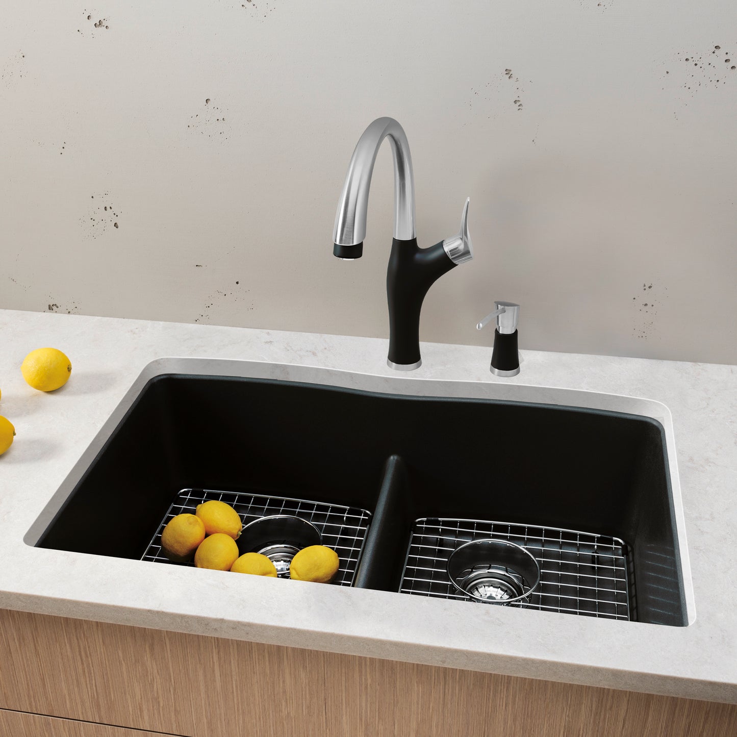 BLANCO Diamond SILGRANIT 32" 50/50 Double Bowl Undermount Kitchen Sink with Low Divide showcasing lemons and modern faucet.