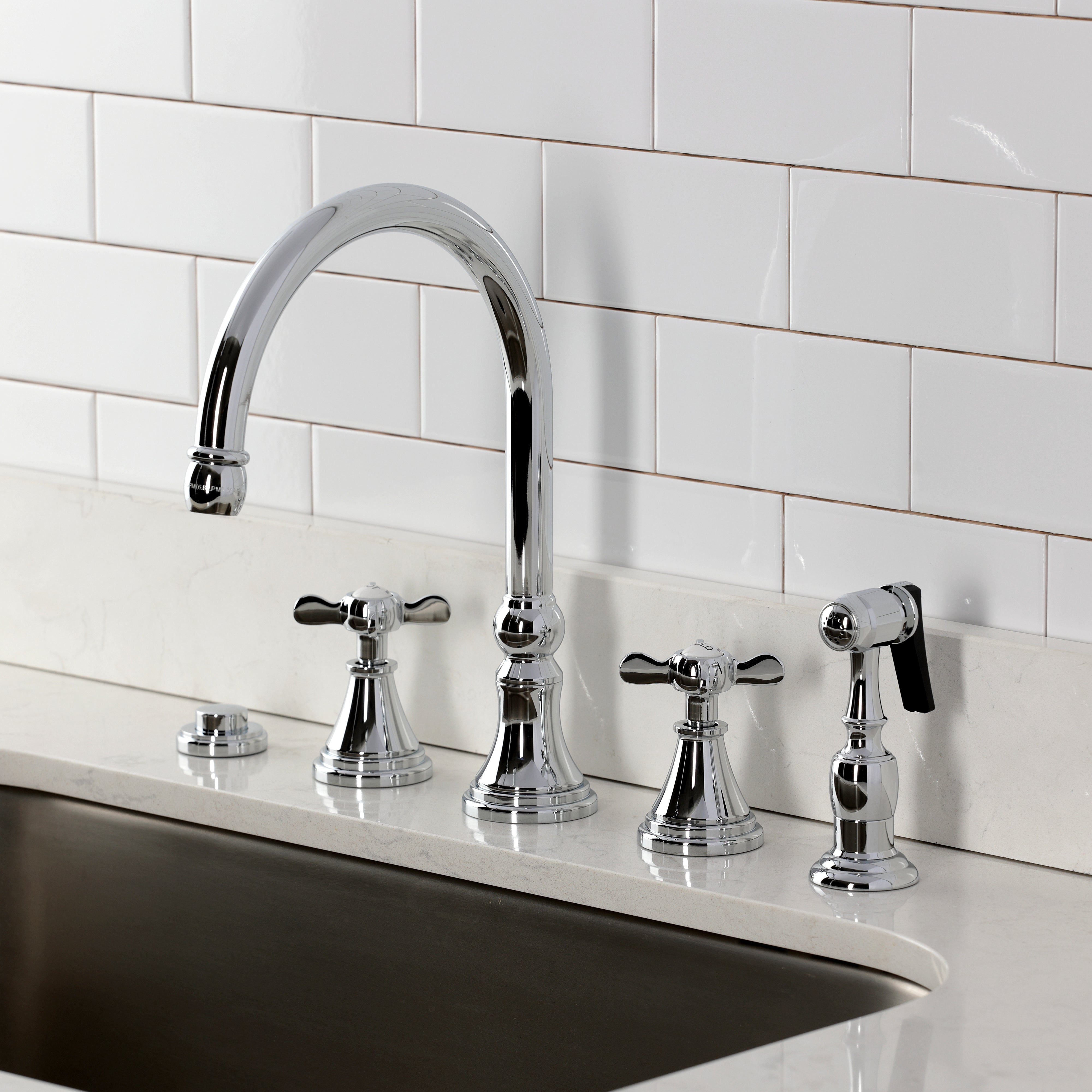 Kingston Brass KS2798BEXBS Essex Double-Handle Widespread Kitchen Faucet with Brass Sprayer, Brushed Nickel
