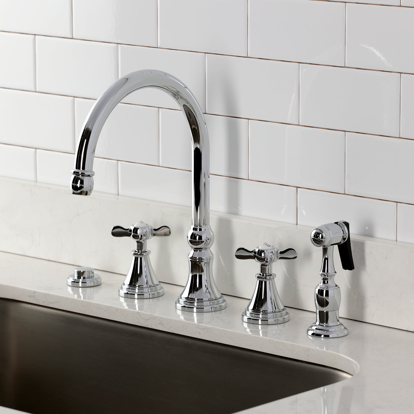 Kingston Brass KS2798BEXBS Essex Double-Handle Widespread Kitchen Faucet with Brass Sprayer, Brushed Nickel