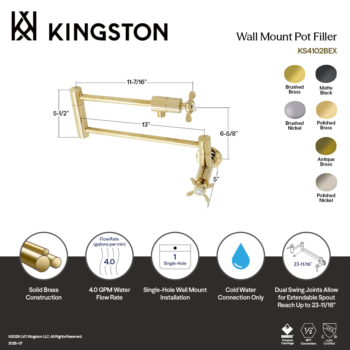 Kingston Brass KS4103BEX Essex Wall Mount Pot Filler Faucet, Antique Brass with foldable swing arms for easy reach.