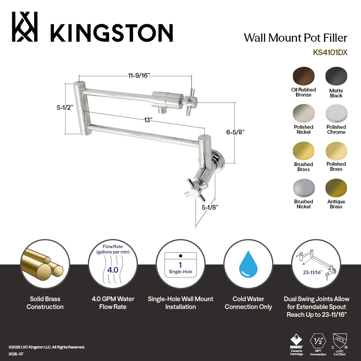 Kingston Brass KS4103DX Concord Wall Mount Pot Filler Faucet, Antique Brass dimensions and features diagram