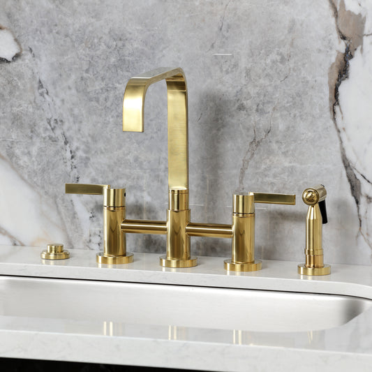 Kingston KS8257CTLBS Continental Bridge Kitchen Faucet with Brass Sprayer, Brushed Brass on modern marble countertop.