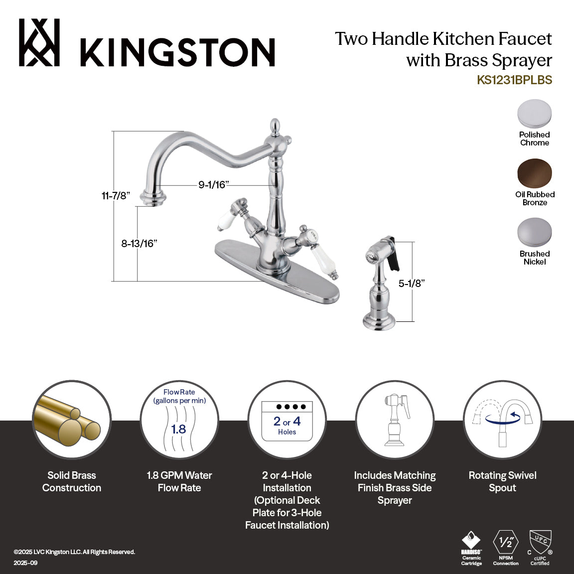 Kingston KS1238BPLBS Bel-Air Two-Handle Kitchen Faucet with Brass Sprayer, Brushed Nickel in a polished chrome finish