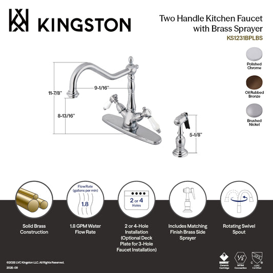 Kingston KS1238BPLBS Bel-Air Two-Handle Kitchen Faucet with Brass Sprayer, Brushed Nickel in a polished chrome finish