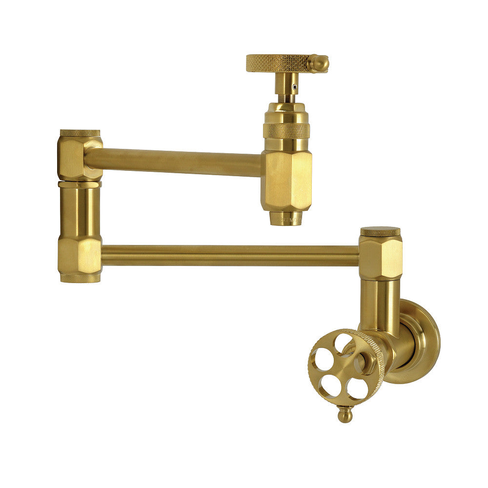 Kingston Brass KS5103RKX Webb Wall Mount Pot Filler Faucet with Knurled Handle, Antique Brass.