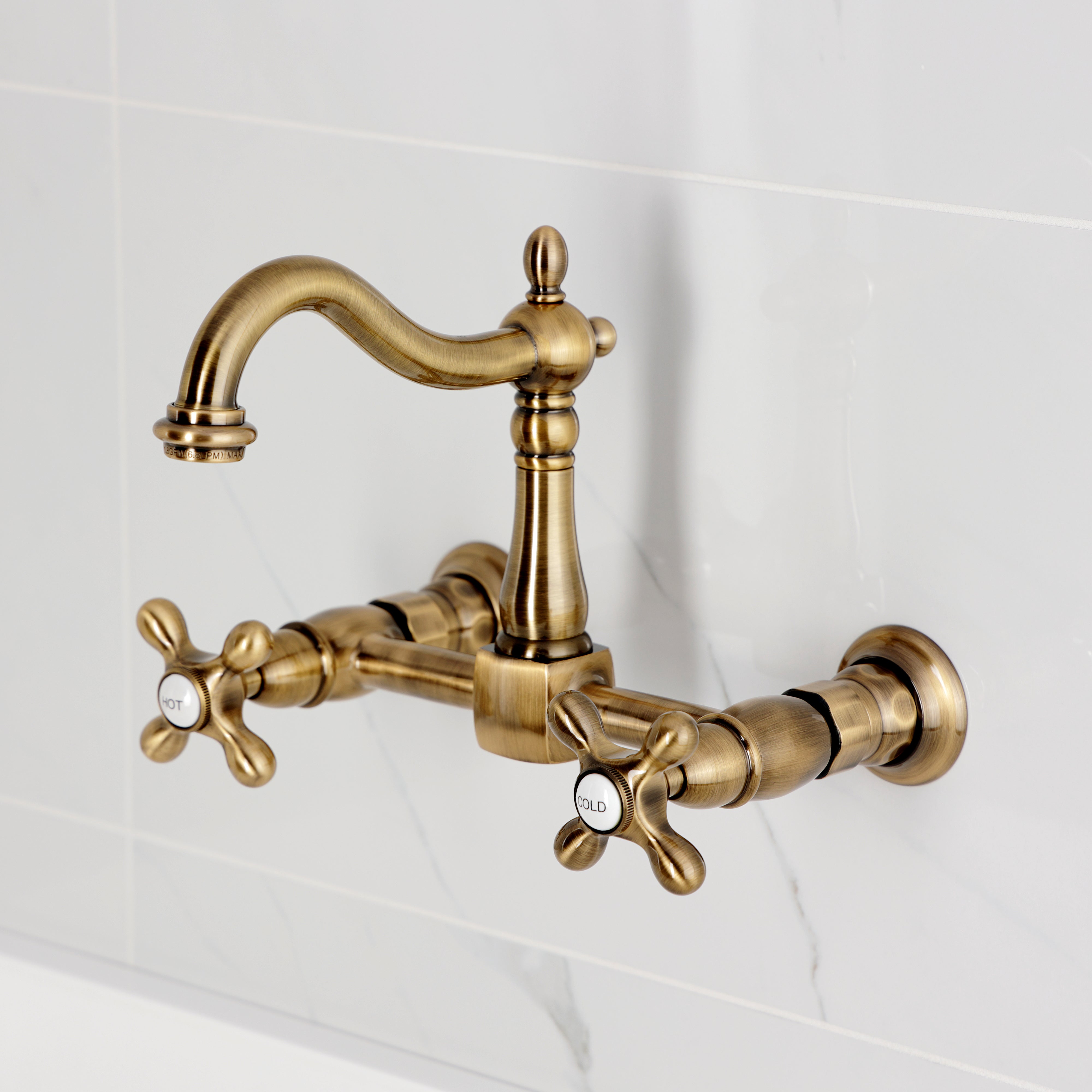 Kingston KS1263AX Heritage Two-Handle Wall Mount Bridge Kitchen Faucet, Antique Brass