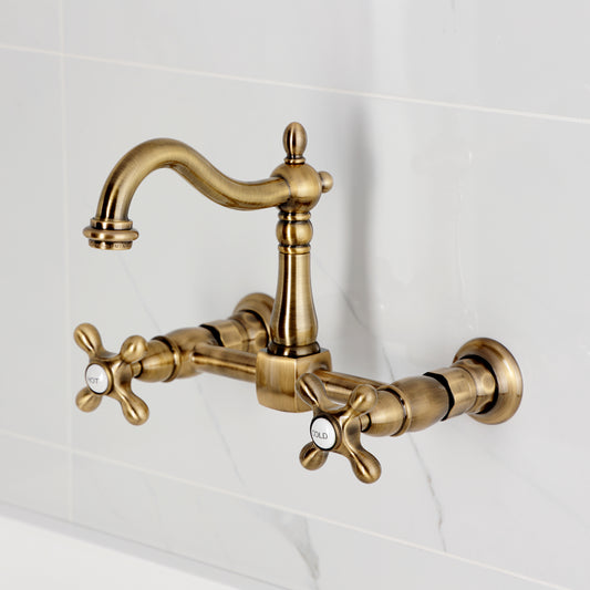 Kingston KS1263AX Heritage Two-Handle Wall Mount Bridge Kitchen Faucet, Antique Brass