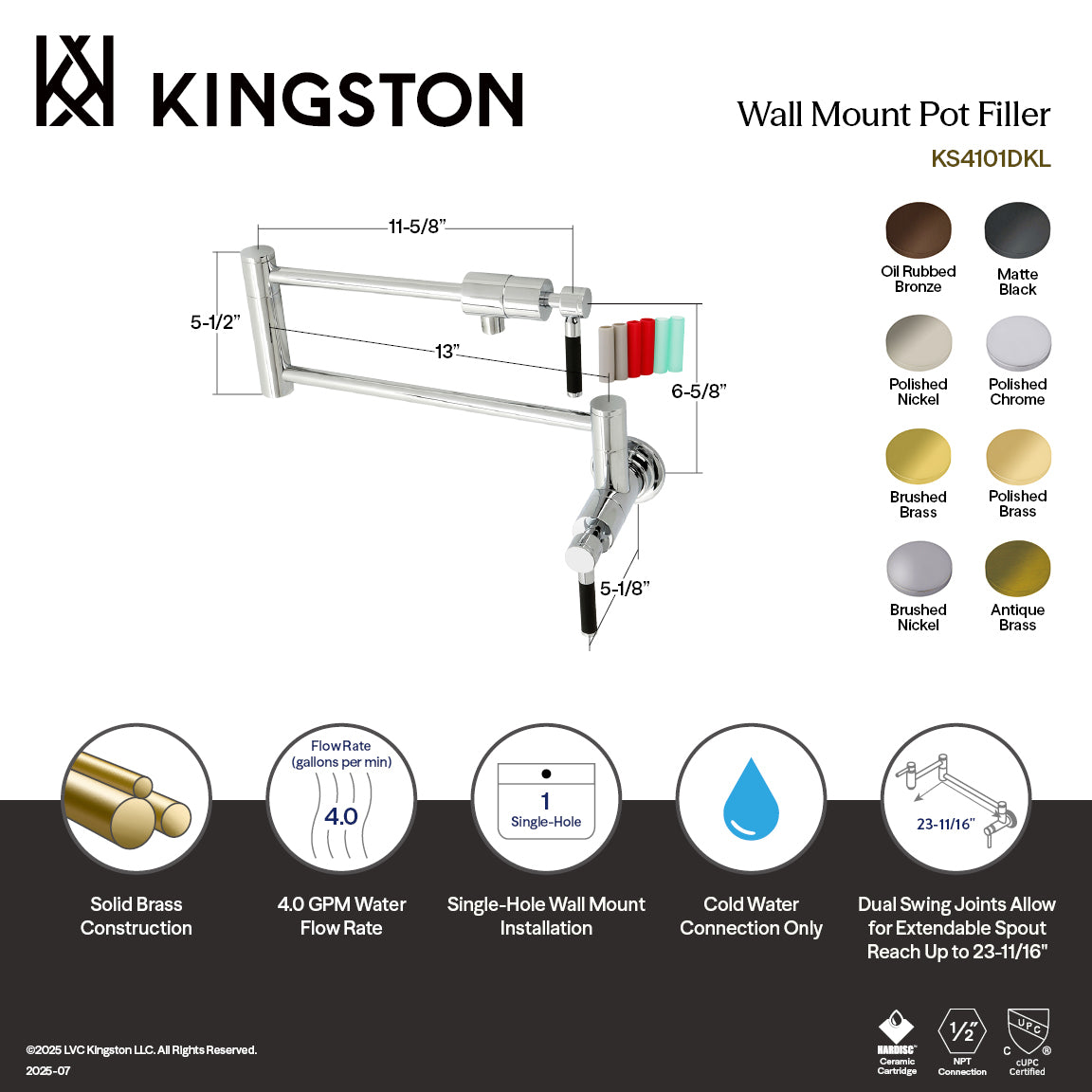 Kingston Brass KS4103DKL Kaiser Wall Mount Pot Filler Faucet, Antique Brass with ergonomic design and swing arms