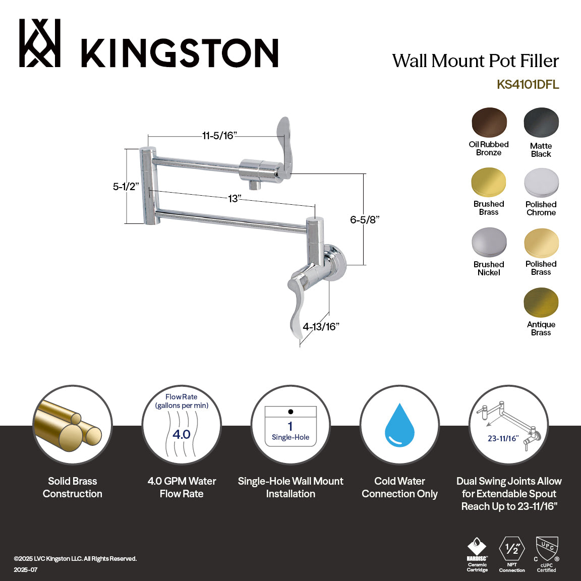 Kingston Brass KS4103DFL NuWave Wall Mount Pot Filler Faucet, Antique Brass dimensions and features infographic