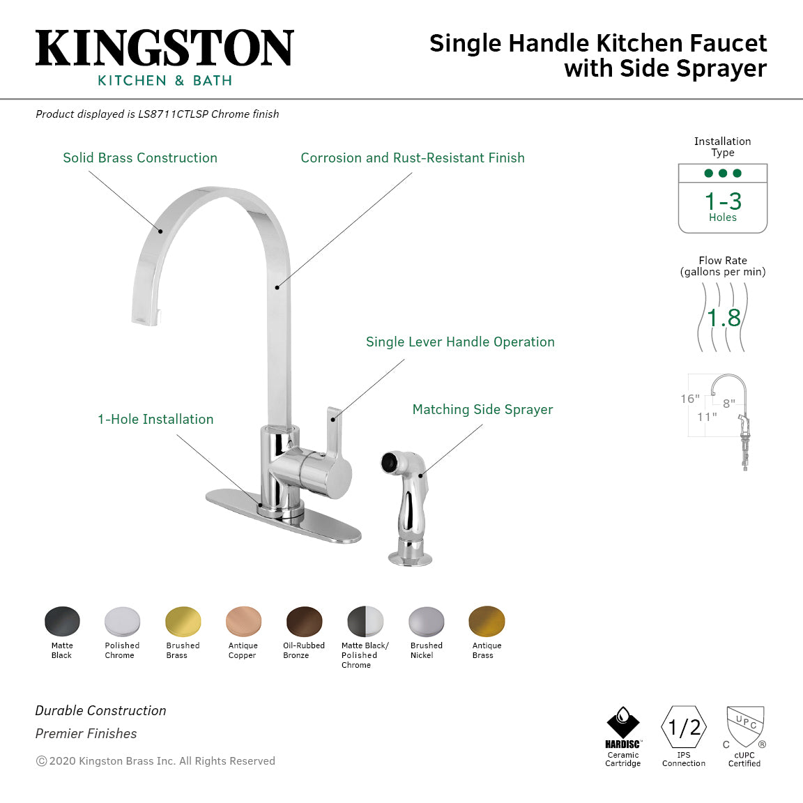 Kingston Brass LS8713CTLSP Continental Kitchen Faucet with Side Sprayer