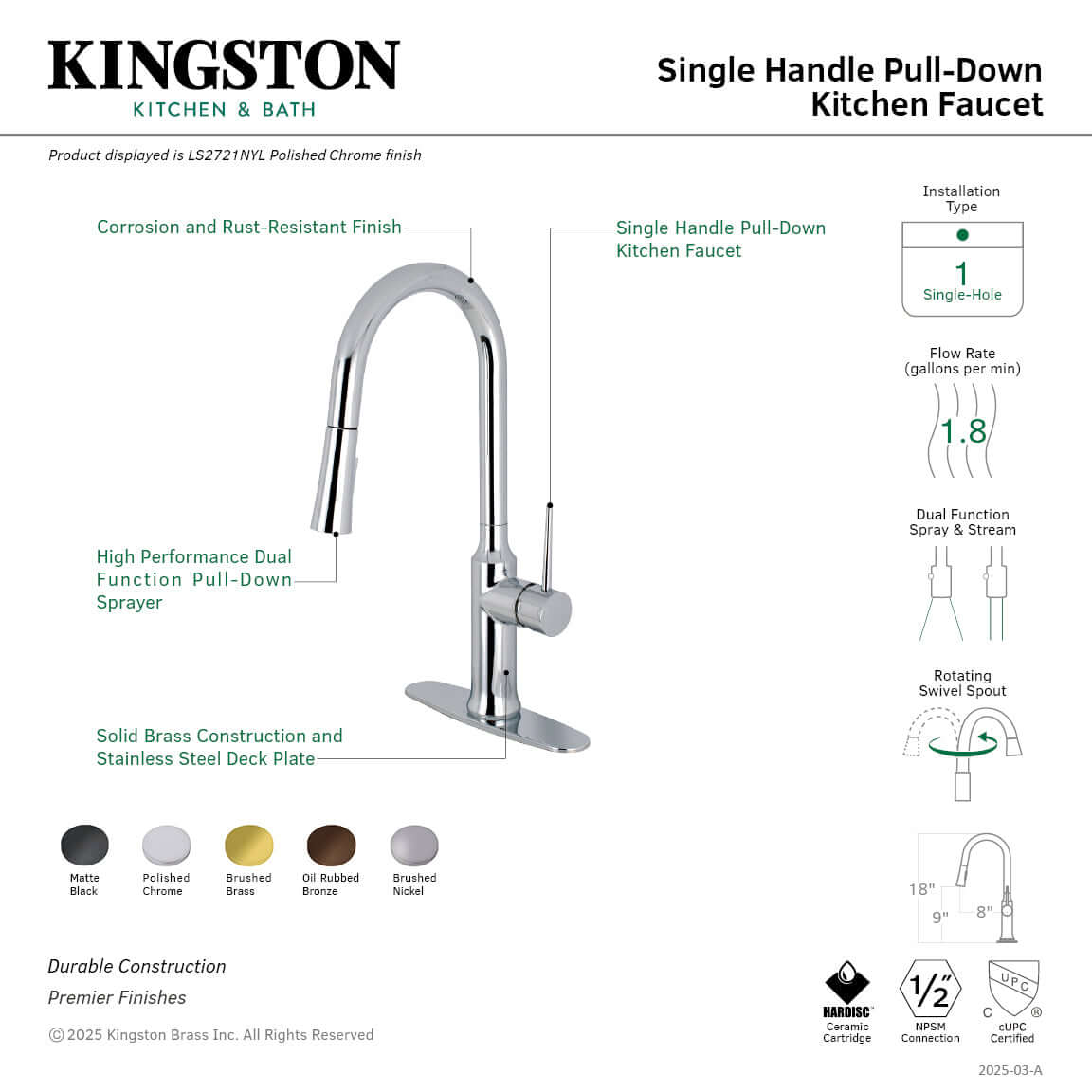 Gourmetier LS2723NYL New York Single-Handle Pull-Down Kitchen Faucet, Brushed Brass