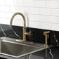 Kingston Brass KSD2433RNK Levante Single-Handle Kitchen Faucet, Antique Brass on a modern kitchen countertop