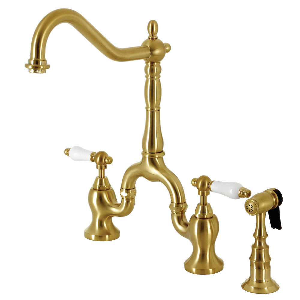 Kingston KS7753PLBS English Country Bridge Kitchen Faucet with Brass Sprayer, Antique Brass.