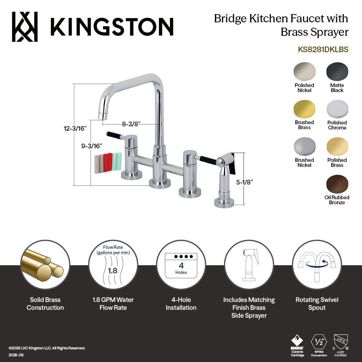 Kingston KS8287DKLBS Kaiser Bridge Kitchen Faucet with Brass Sprayer, Brushed Brass, sleek design and sturdy construction.