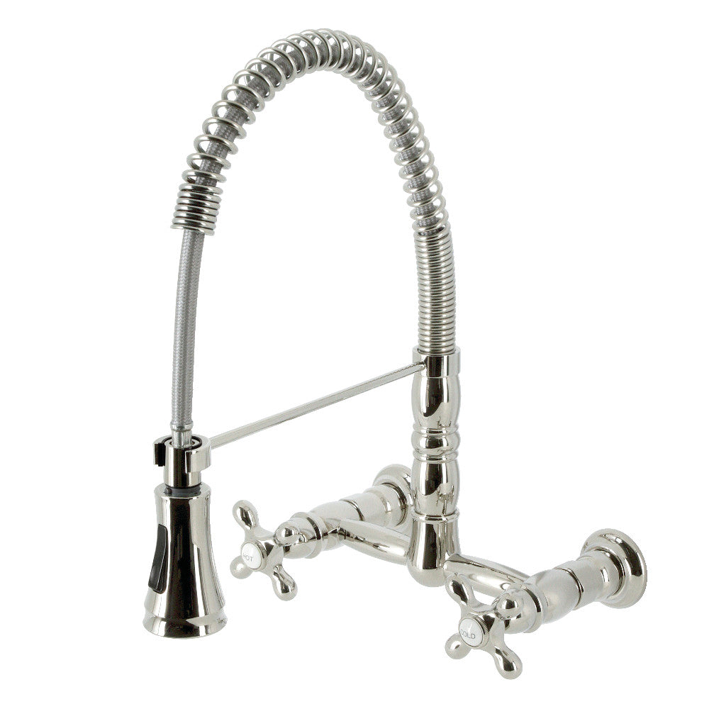 Gourmetier GS1243AX Heritage Double-Handle Wall-Mount Pre-Rinse Bridge Kitchen Faucet, Antique Brass in polished nickel finish