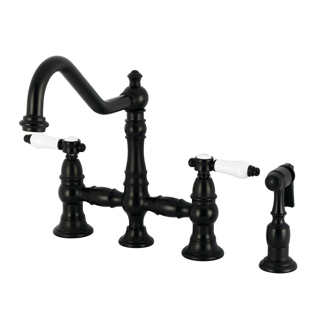Kingston KS3277BPLBS Bel-Air Bridge Kitchen Faucet with Brass Sprayer, Brushed Brass in matte black finish