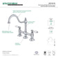 Kingston KS3781PL Restoration Bridge Kitchen Faucet, Polished Chrome showcasing high-arch gooseneck spout and porcelain lever handles.