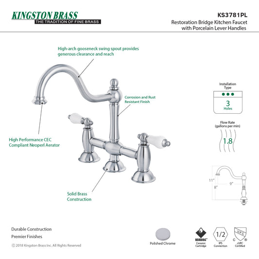 Kingston KS3781PL Restoration Bridge Kitchen Faucet, Polished Chrome showcasing high-arch gooseneck spout and porcelain lever handles.