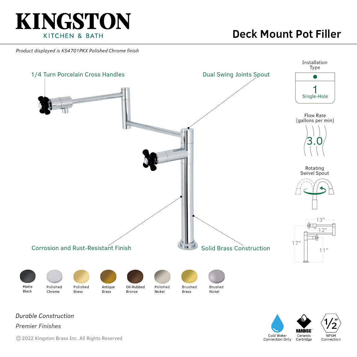 Kingston Brass KS4703PKX Duchess Deck Mount Pot Filler Faucet, Antique Brass with dual swing joints and porcelain handles.