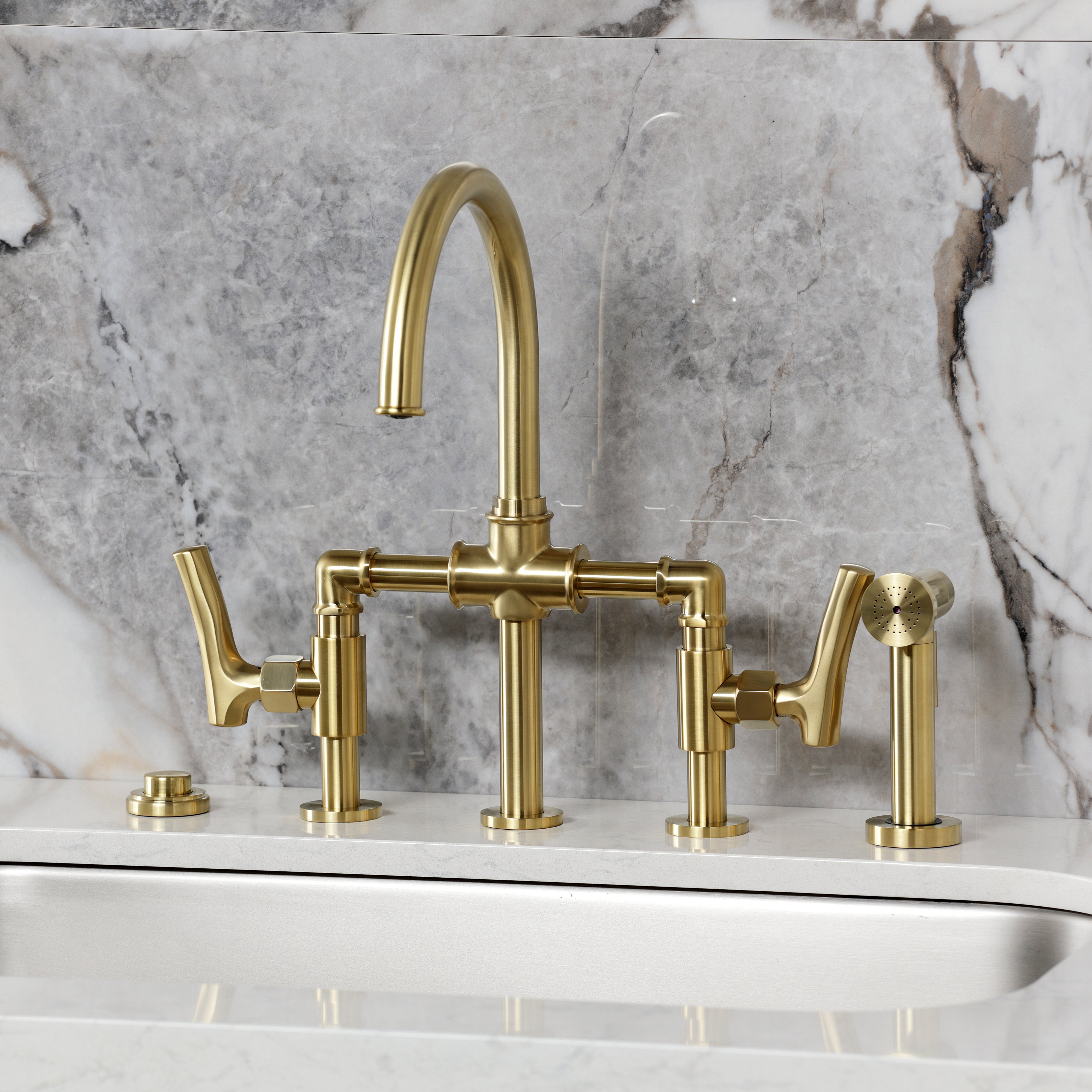 Kingston KS2333TKL Hallerbos Bridge Kitchen Faucet with Brass Sprayer, Antique Brass on marble countertop
