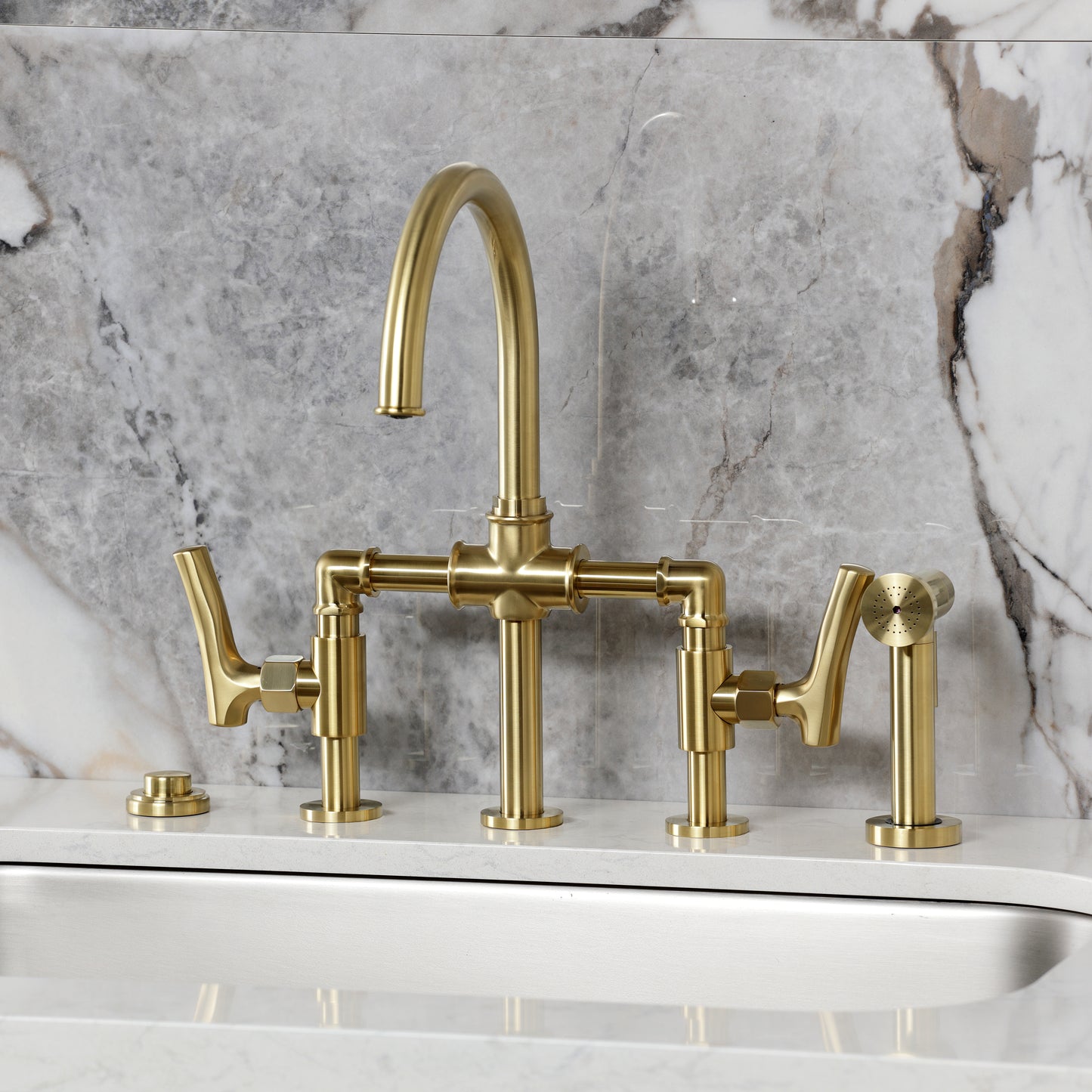 Kingston KS2333TKL Hallerbos Bridge Kitchen Faucet with Brass Sprayer, Antique Brass on marble countertop