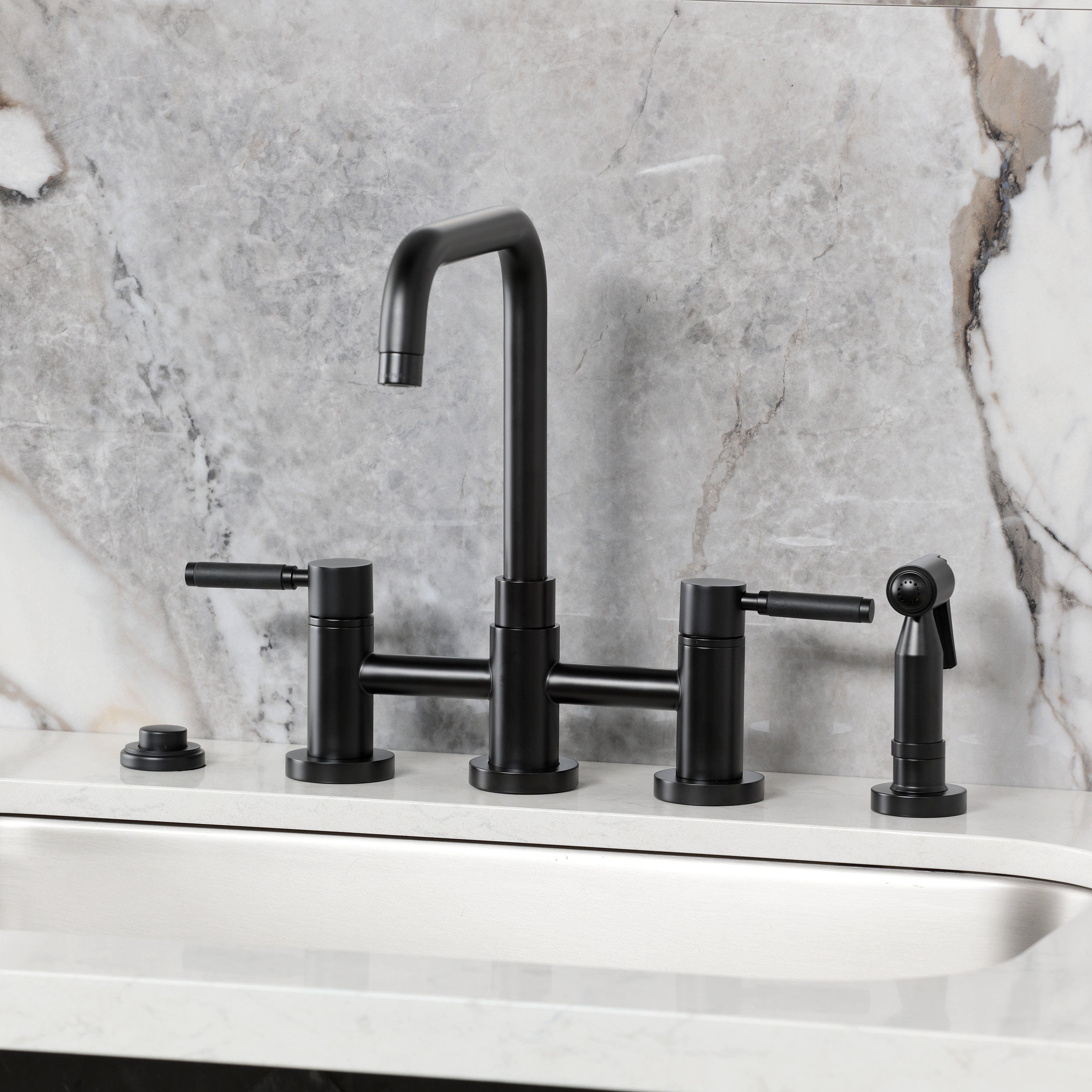 Kingston KS8287DKLBS Kaiser Bridge Kitchen Faucet with Brass Sprayer, Brushed Brass on modern kitchen sink