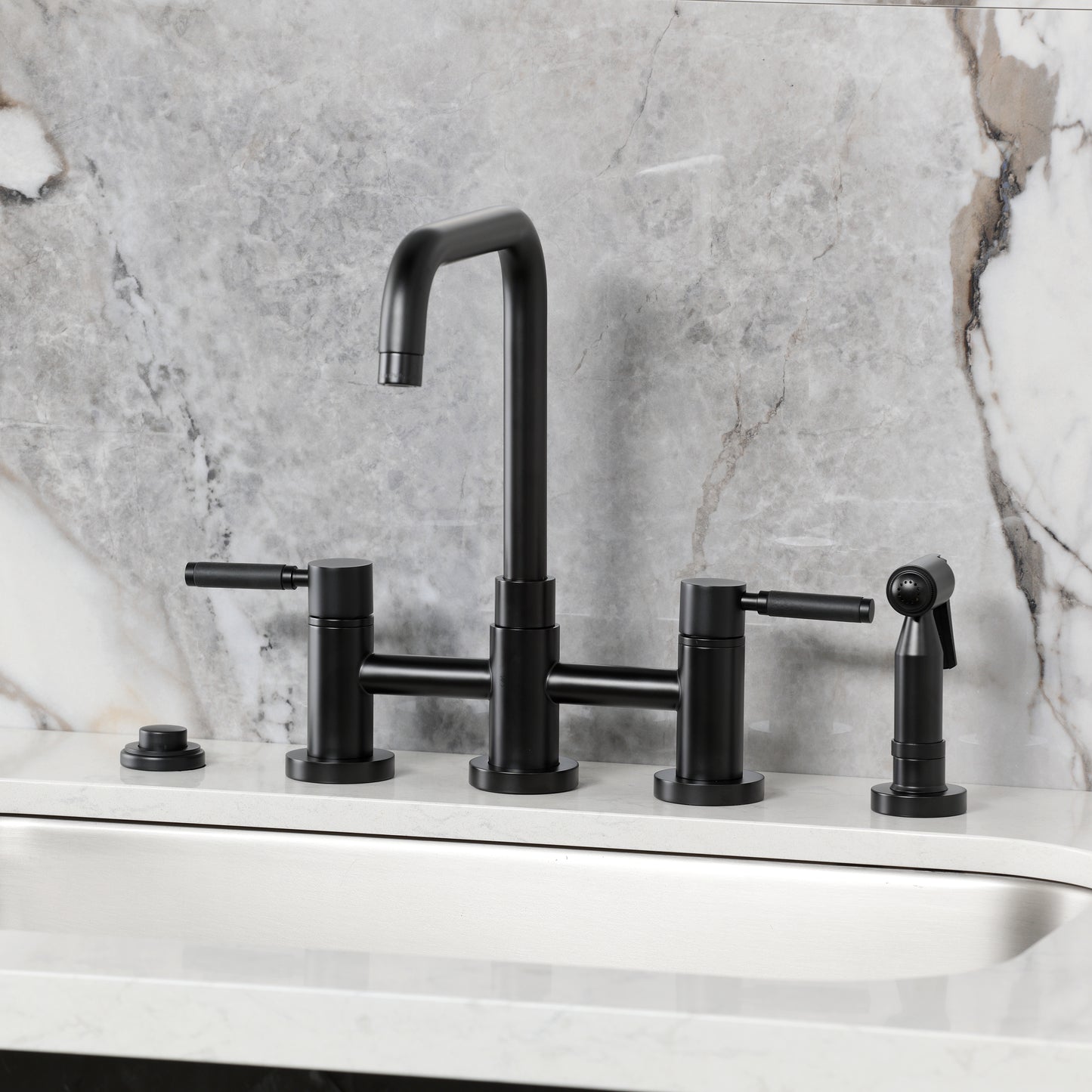 Kingston KS8287DKLBS Kaiser Bridge Kitchen Faucet with Brass Sprayer, Brushed Brass on modern kitchen sink