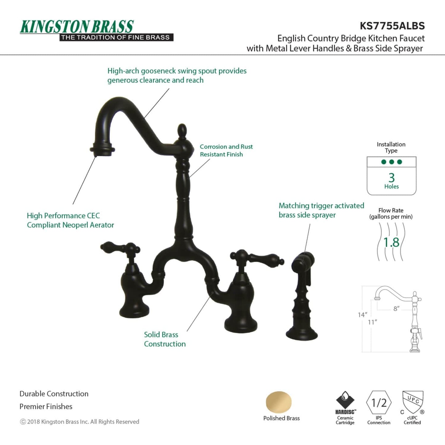 KINGSTON Brass English Country Kitchen Bridge Faucet with Brass Sprayer - Oil Rubbed Bronze