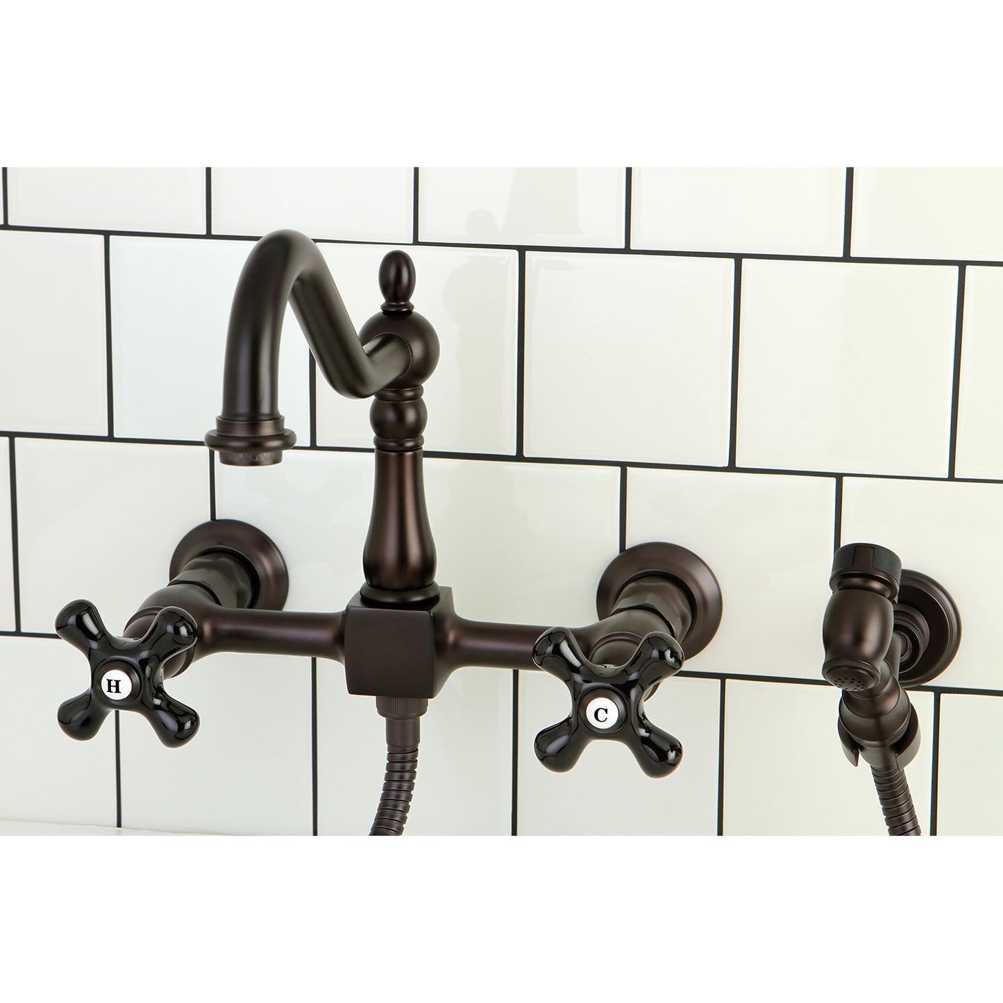 Kingston KS1248PKXBS Duchess Two-Handle Wall Mount Bridge Kitchen Faucet with Brass Sprayer, Brushed Nickel