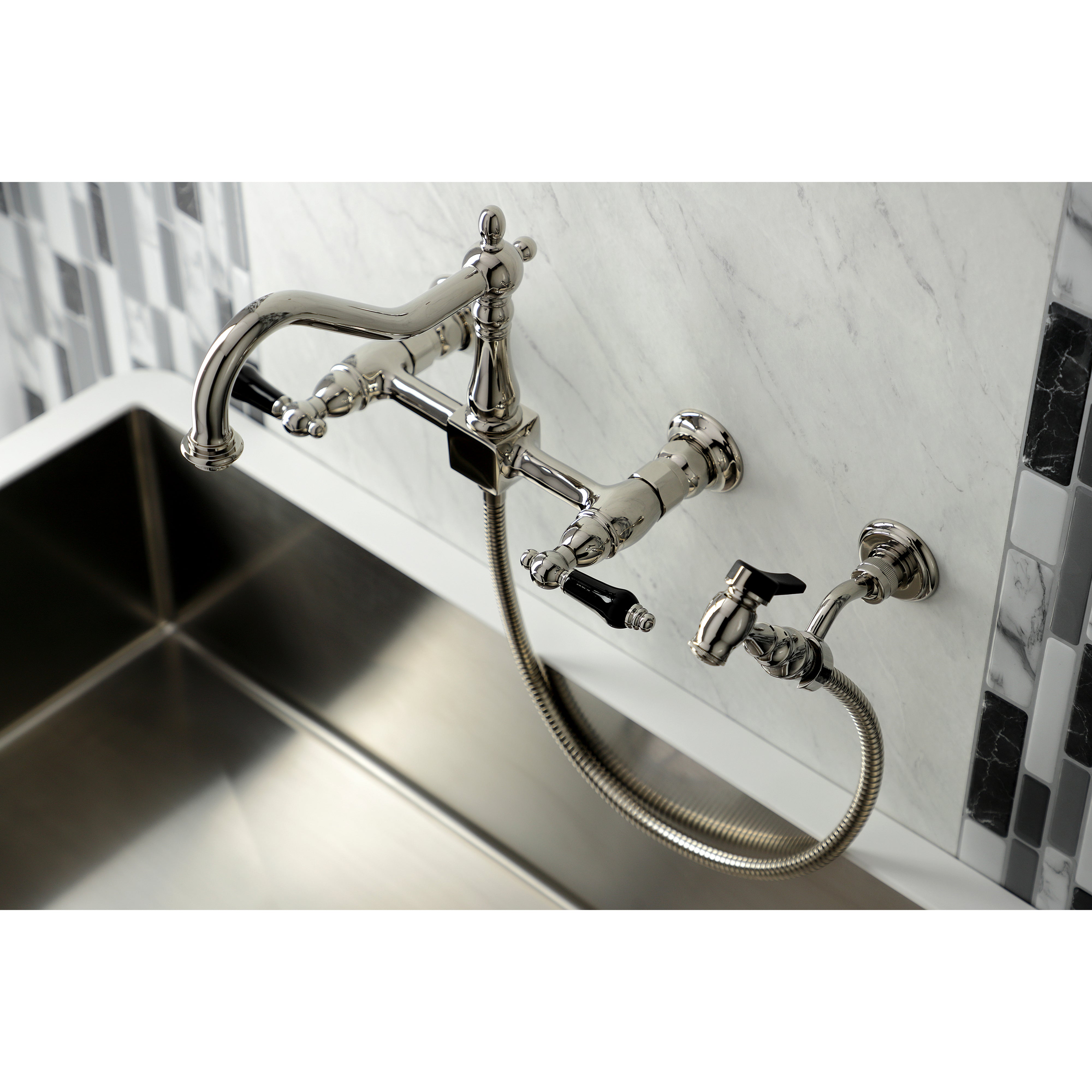 Kingston KS1243PKLBS Duchess Two-Handle Wall Mount Bridge Kitchen Faucet with Brass Sprayer, Antique Brass
