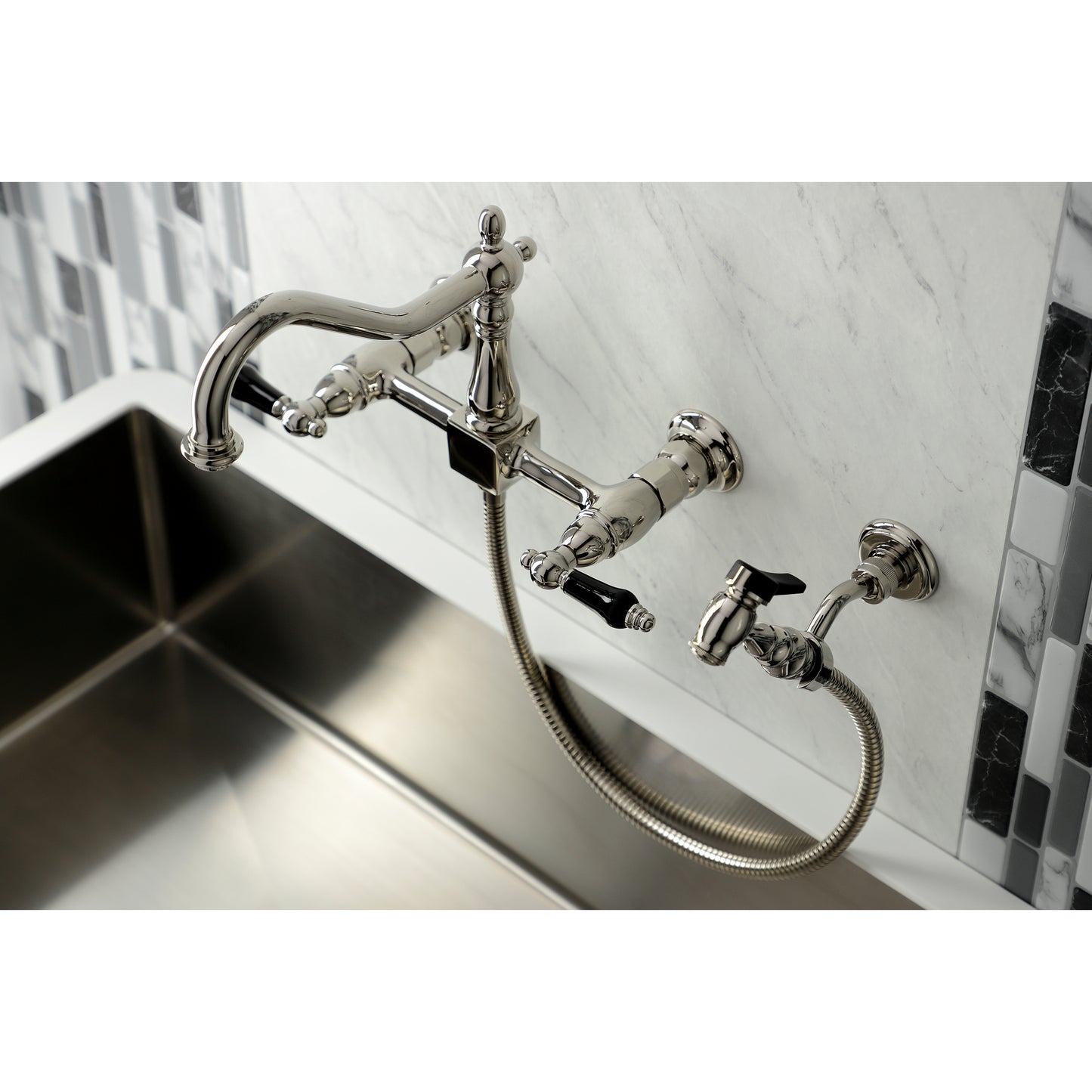 Kingston KS1243PKLBS Duchess Two-Handle Wall Mount Bridge Kitchen Faucet with Brass Sprayer, Antique Brass