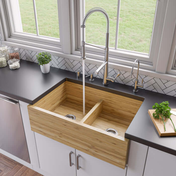 ALFI BRAND 33" Double Bowl Bamboo Farmhouse Sink - AB3321 showcased in a modern kitchen setting with faucet.