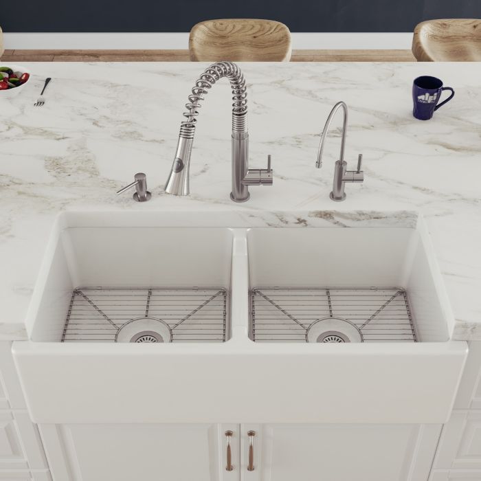 ALFI 39" White Smooth Apron Thick Wall Fireclay Double Bowl Farm Sink AB3918DB-W with faucets and countertop.