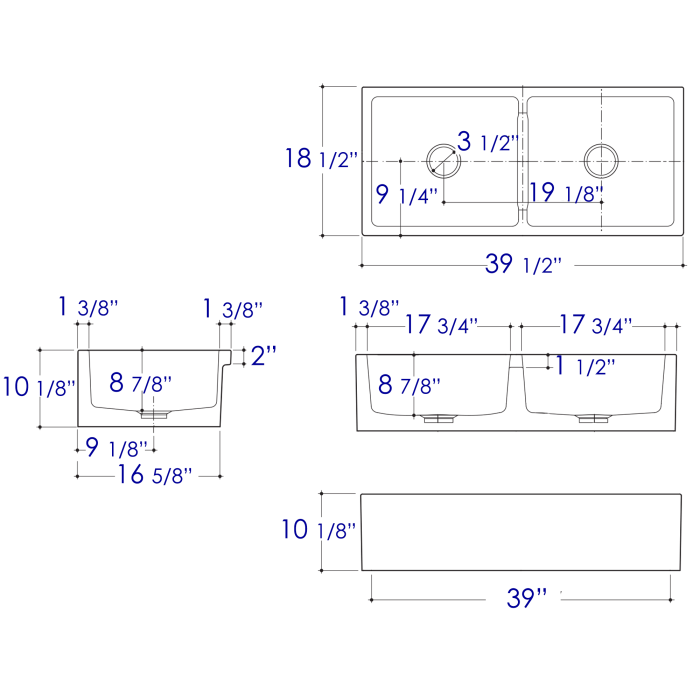 ALFI 39" White Smooth Apron Thick Wall Fireclay Double Bowl Farm Sink AB3918DB-W dimensions and specifications