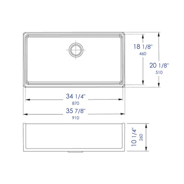 Diagram layout of ALFI 36" Smooth Apron Single Bowl Fireclay Farm Sink AB536-W dimensions and measurements.