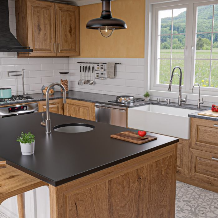 ALFI 36" Smooth Apron Single Bowl Fireclay Farm Sink AB536-W in a modern kitchen with wooden cabinets.