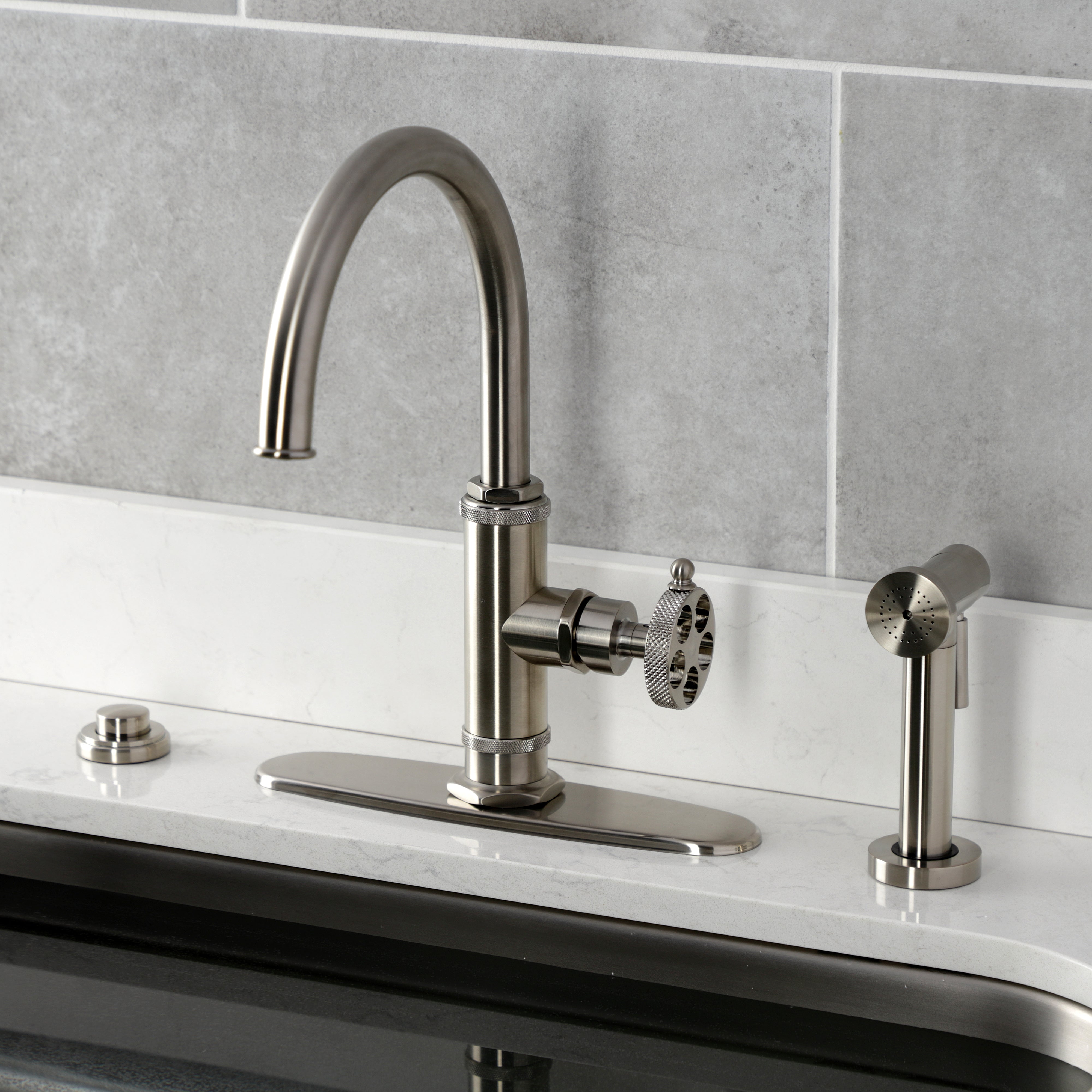 Kingston Brass KS2433RKX Webb Single-Handle Kitchen Faucet with Knurled Handle and Brass Side Sprayer, Antique Brass
