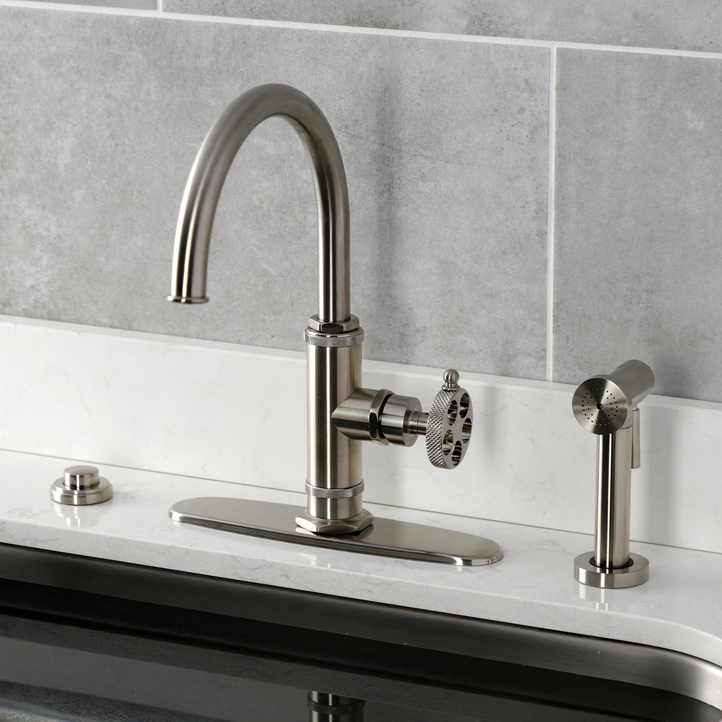 Kingston Brass KS2433RKX Webb Single-Handle Kitchen Faucet with Knurled Handle and Brass Side Sprayer, Antique Brass