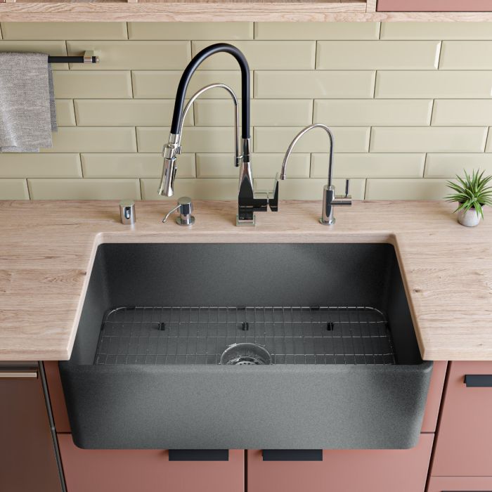 ALFI 33" Concrete Reversible Single Fireclay Farm Kitchen Sink ABCO3320SB in modern kitchen setting.