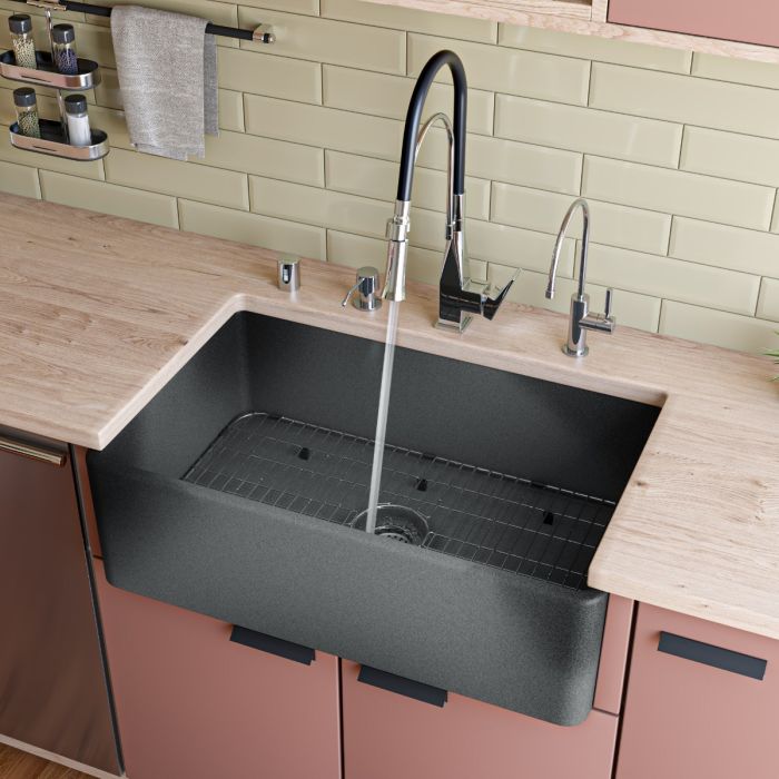 ALFI 33" Concrete Reversible Single Fireclay Farm Kitchen Sink ABCO3320SB with modern faucet in stylish kitchen design.