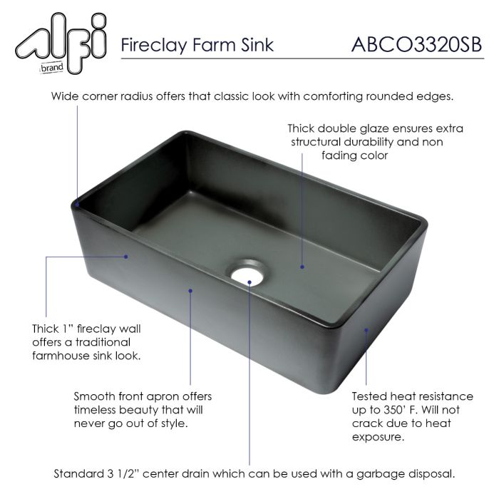 ALFI 33" Concrete Reversible Single Fireclay Farm Kitchen Sink ABCO3320SB