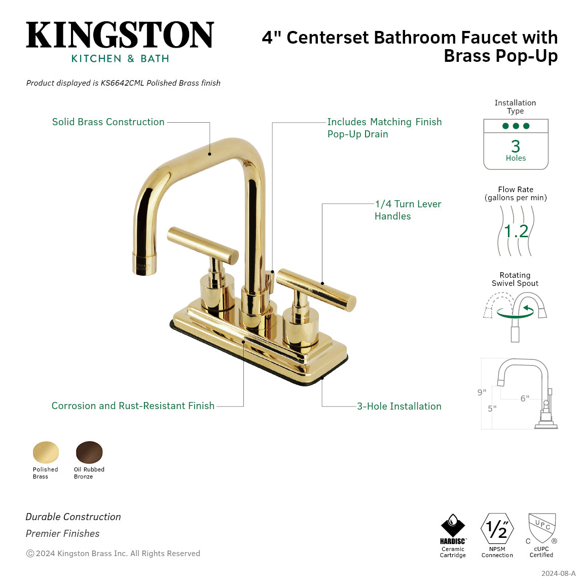 Kingston Brass KS6643CML Manhattan Centerset Bathroom Faucet in front view with brass pop-up drain.
